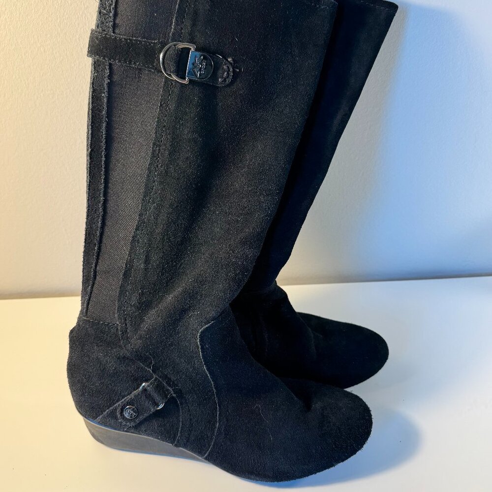 Anne Klein Sport Black Suede wedge heel Knee high boots 8M